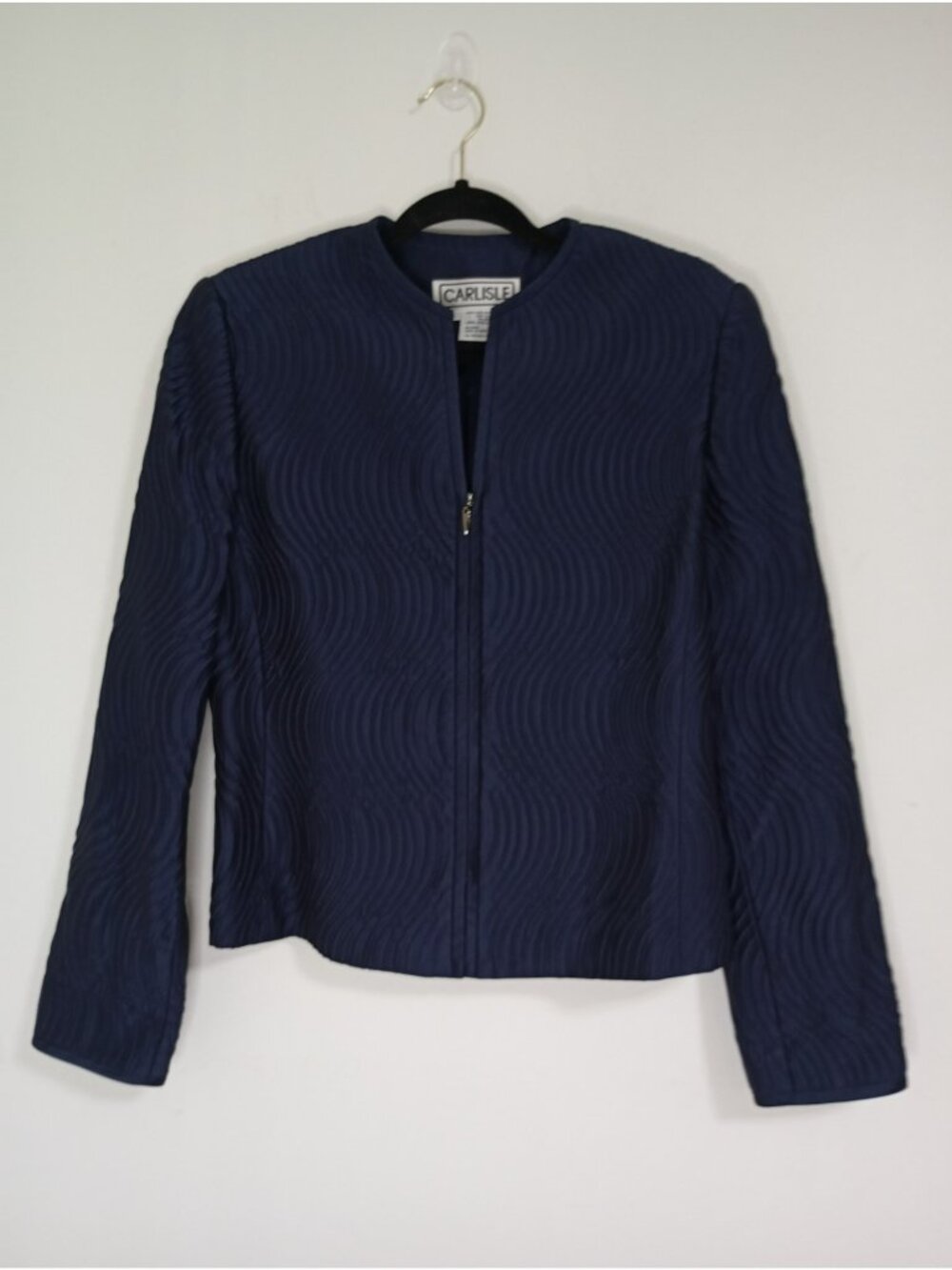 Vintage Carlisle Navy Textured Silk Blend Zip-Front Jacket Size 6 Womens